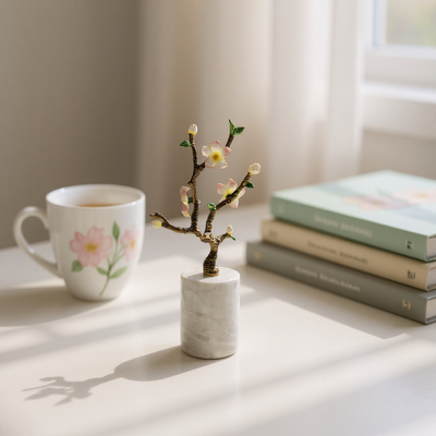Golden Blossom Tree Sculpture on Marble Base