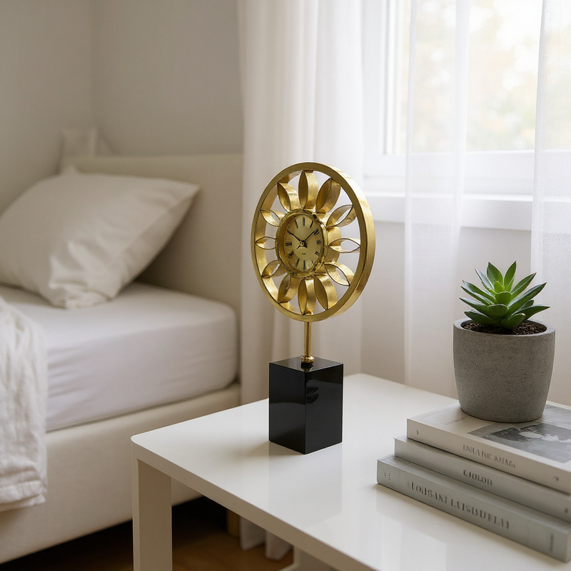 Golden Sunburst Table Clock on Black Crystal Base