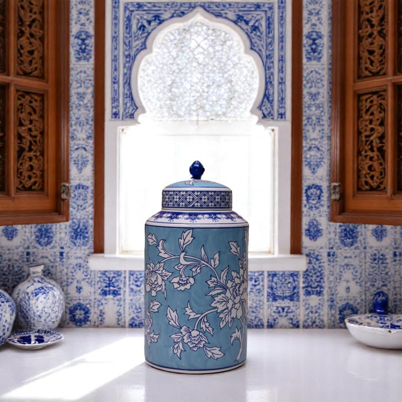 Elegant Bluish Floral Porcelain Jar