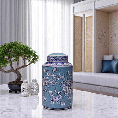 Elegant Bluish Floral Porcelain Jar