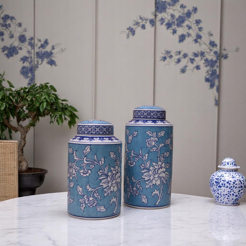 Elegant Bluish Floral Porcelain Jar