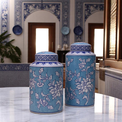 Elegant Bluish Floral Porcelain Jar