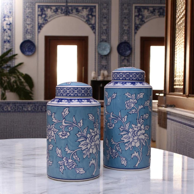 Elegant Bluish Floral Porcelain Jar