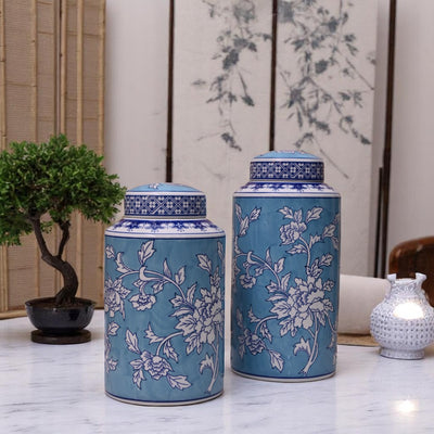 Elegant Bluish Floral Porcelain Jar