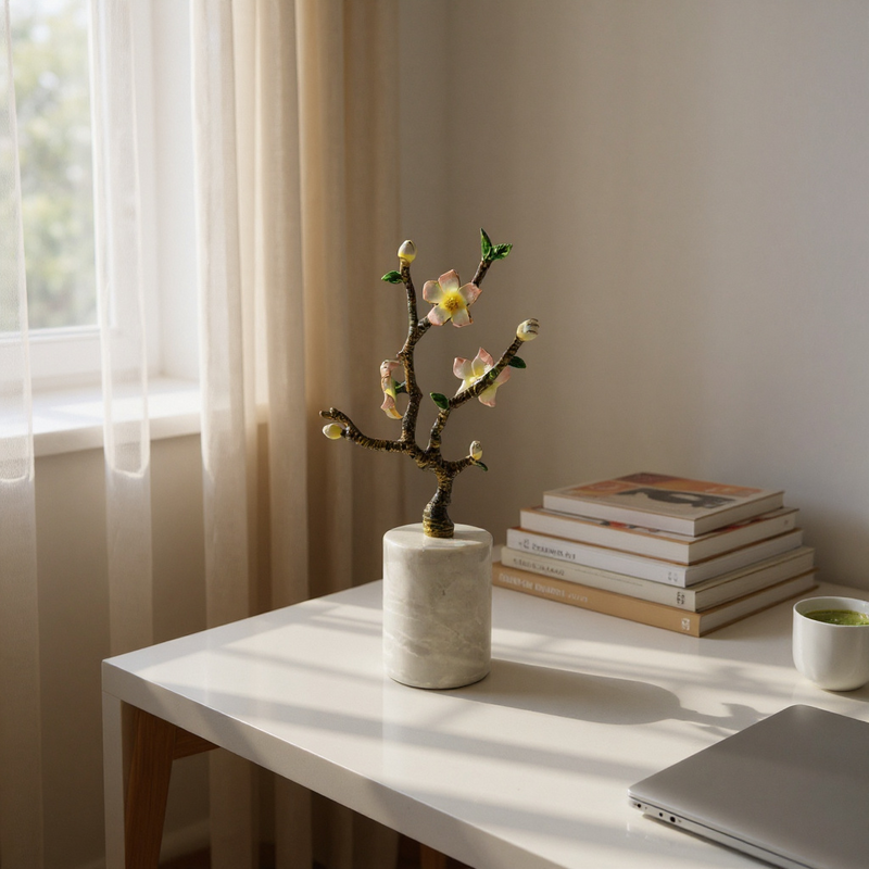 Golden Blossom Tree Sculpture on Marble Base