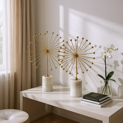 Golden Dandelion Burst Sculptures on Marble Bases