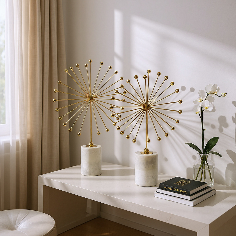 Golden Dandelion Burst Sculptures on Marble Bases