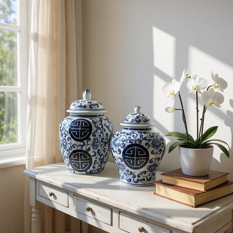 Blue & White Porcelain Lidded Modern Candy  Jars