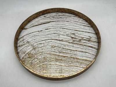 Antique Gold Metal & Glass Serving Tray with Abstract Pattern