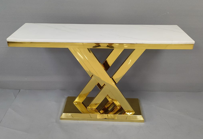 Eminence X-Framed Console Table – White Ceramic Top with Stainless Steel Base