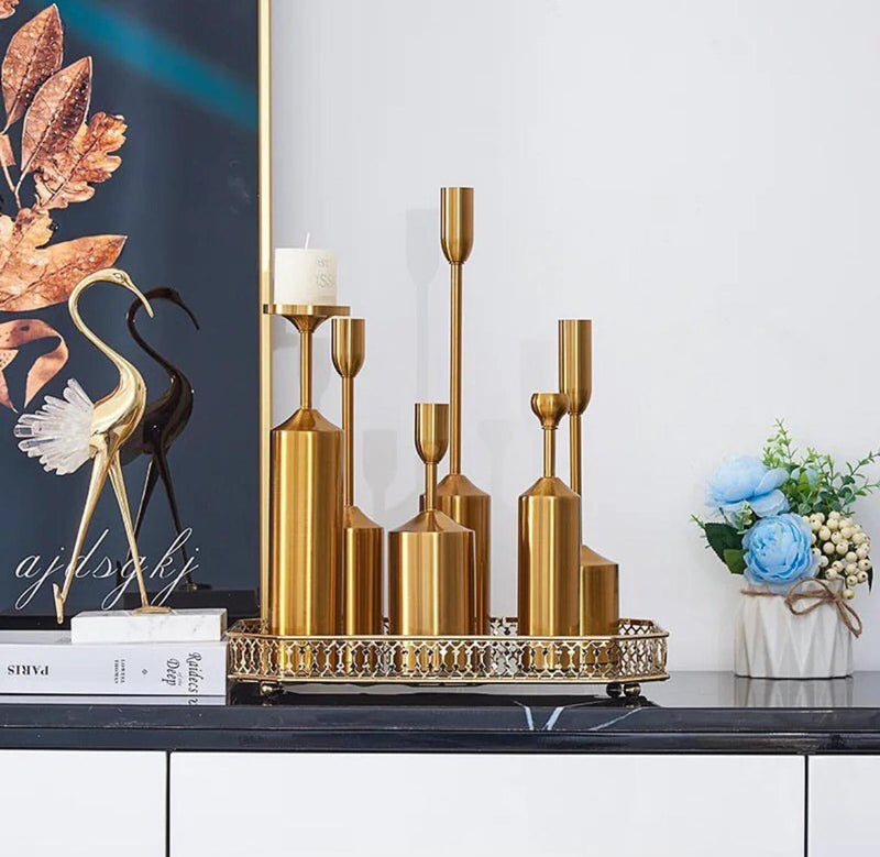 Metallic Brass Candle Stands (Set of 6)