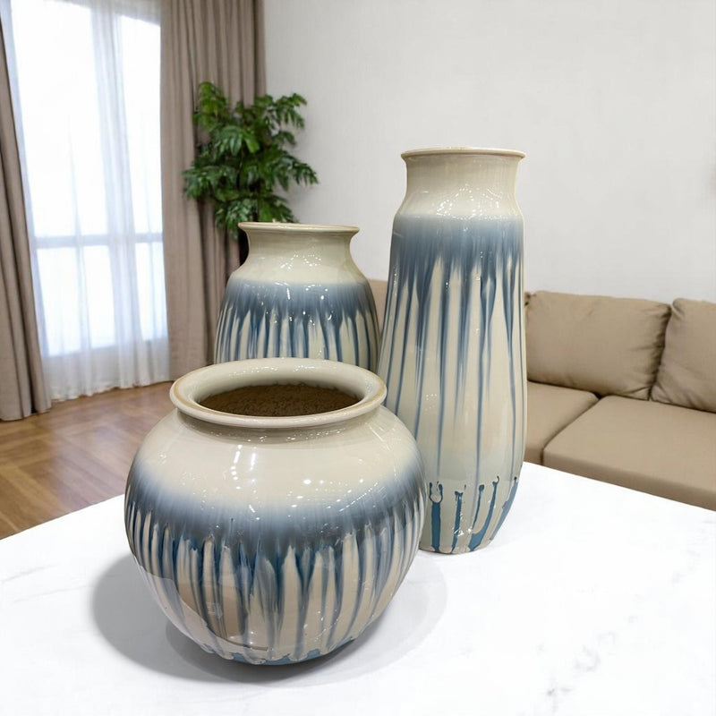 Serene Blue Drip Glaze Ceramic Vase Set