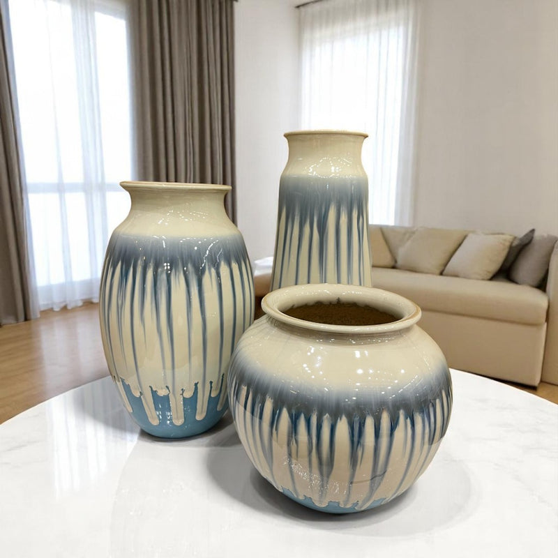 Serene Blue Drip Glaze Ceramic Vase Set