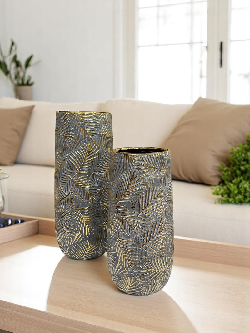 Grey Leaf-patterned Ceramic Vases
