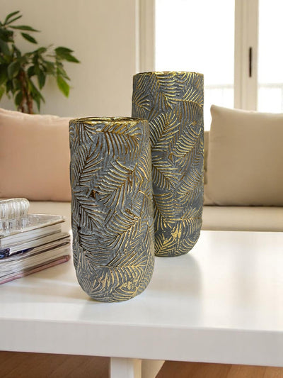 Grey Leaf-patterned Ceramic Vases