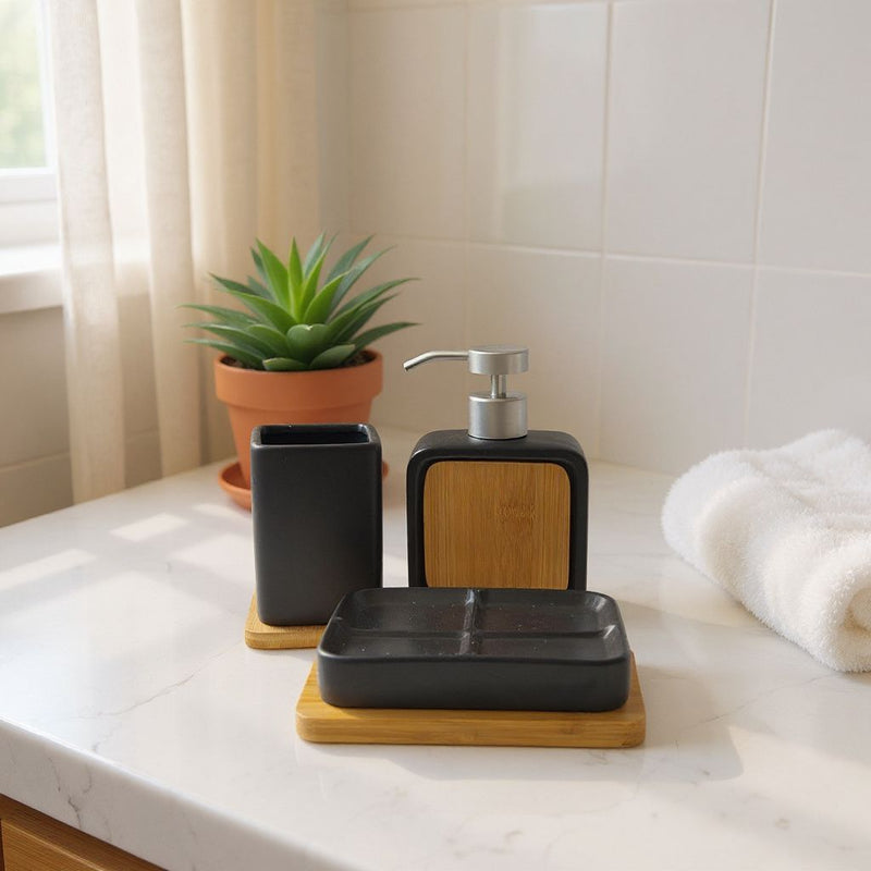 Minimalist Bamboo & Black Bathroom Set