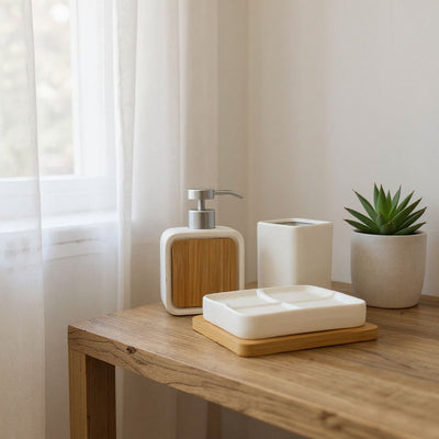 Minimalist Bamboo & Black Bathroom Set