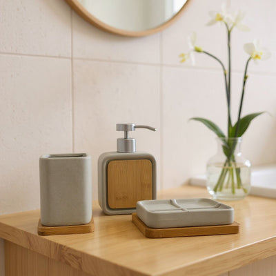 Minimalist Bamboo & Black Bathroom Set