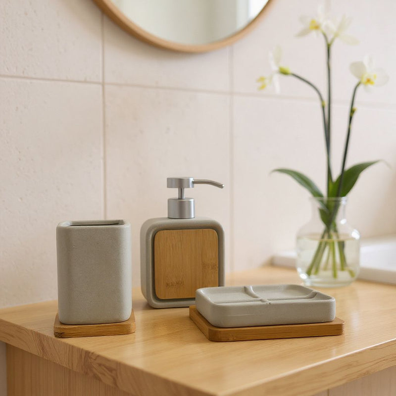 Minimalist Bamboo & Black Bathroom Set