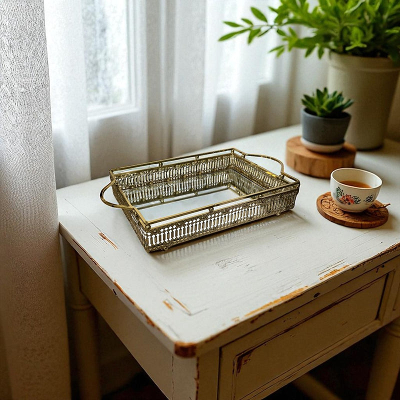 Elegant Brass Rectangular Mirror Tray