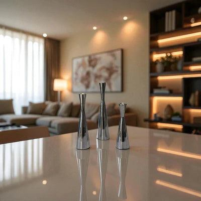 Modern Chrome Taper Candle Holder Set