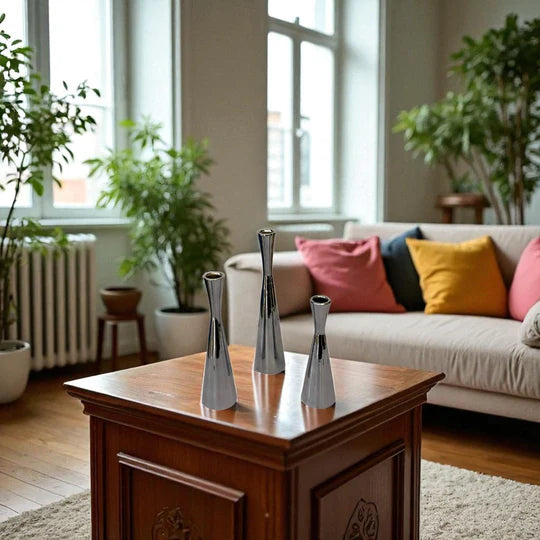 Modern Chrome Taper Candle Holder Set