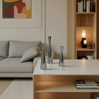 Modern Chrome Taper Candle Holder Set