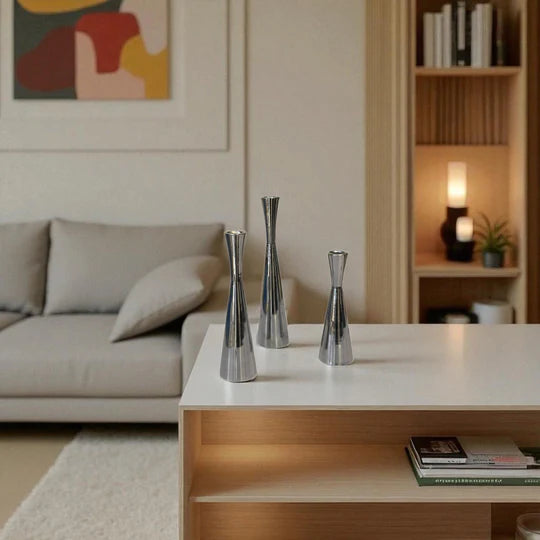 Modern Chrome Taper Candle Holder Set