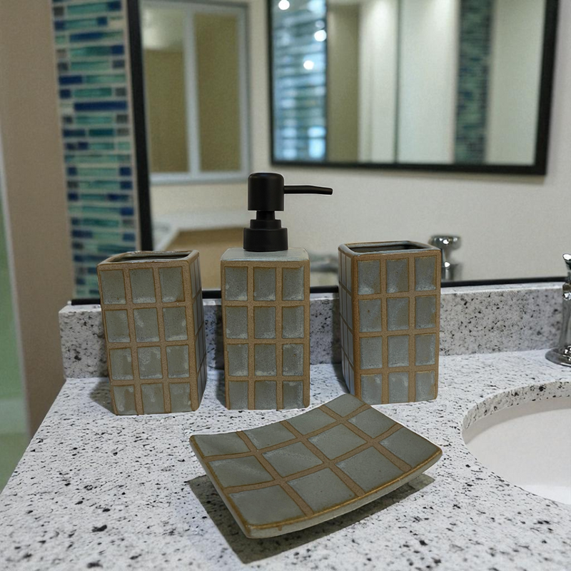 Sage Grid Ceramic Bathroom Set
