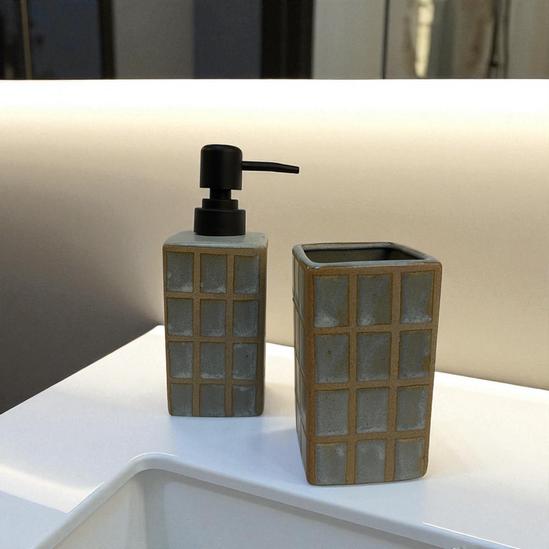 Sage Grid Ceramic Bathroom Set