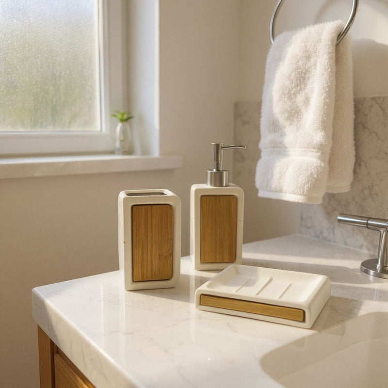 Nordic Black & Bamboo Bathroom Set