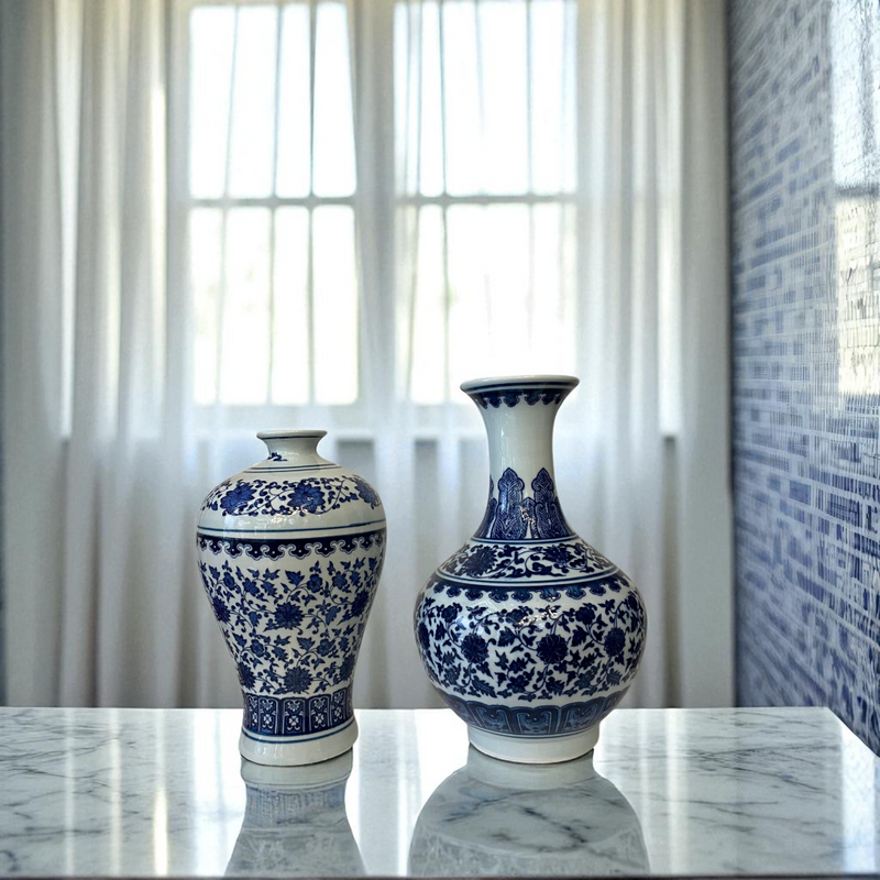 Trio of Blue & White Porcelain Vases