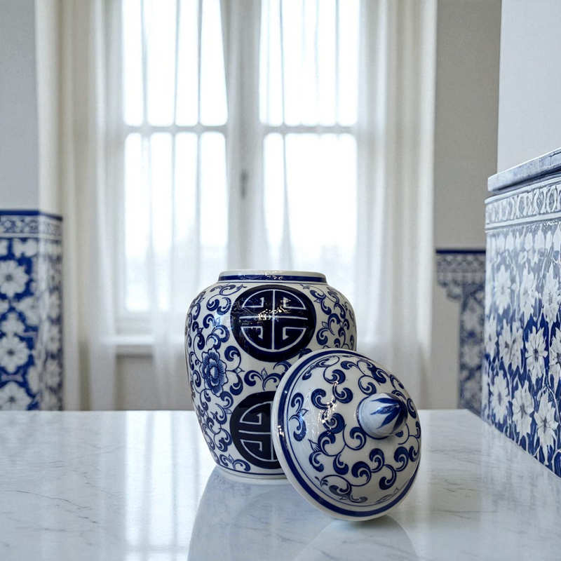 Blue & White Porcelain Lidded Modern Candy  Jars