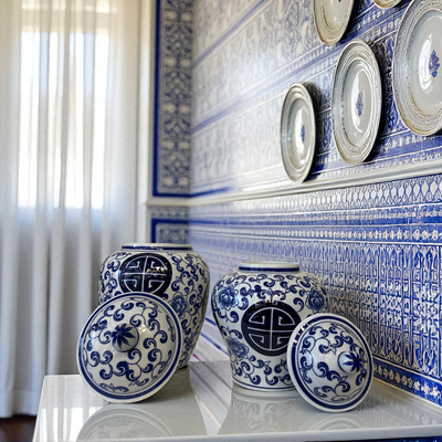 Blue & White Porcelain Lidded Modern Candy  Jars