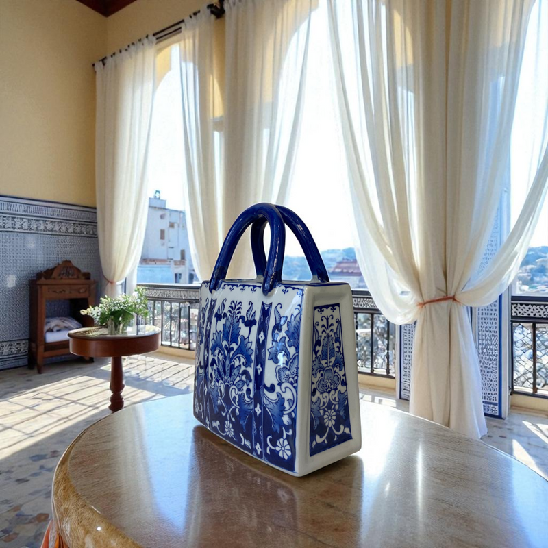 Porcelain Elegance: Blue & White Ceramic Handbag Sculpture