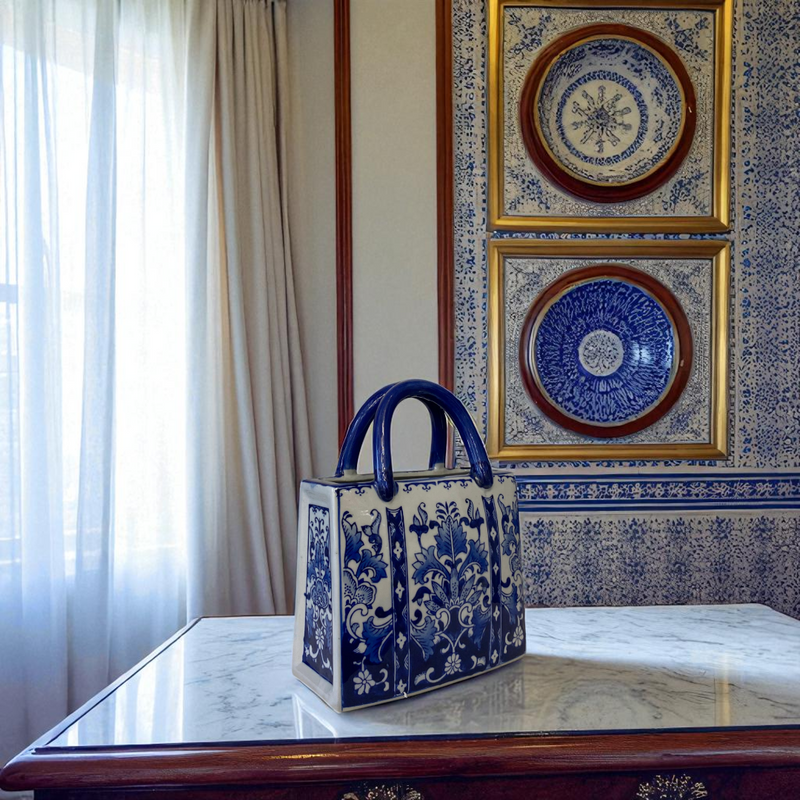 Porcelain Elegance: Blue & White Ceramic Handbag Sculpture