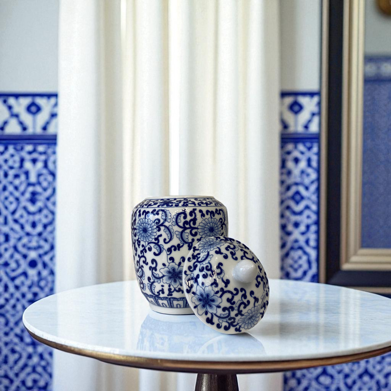 Classic Bloom Blue & White Porcelain Lidded Ginger Jar