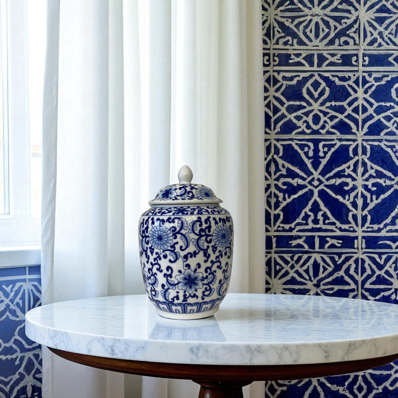 Classic Bloom Blue & White Porcelain Lidded Ginger Jar