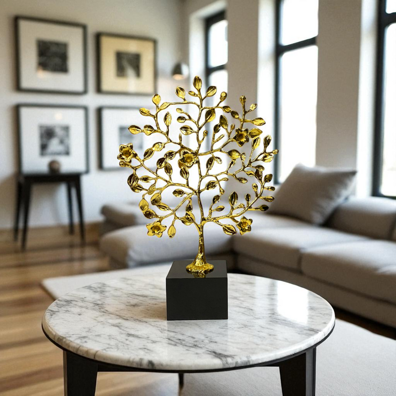 Golden Metallic Leaf Sculpture on Black Base
