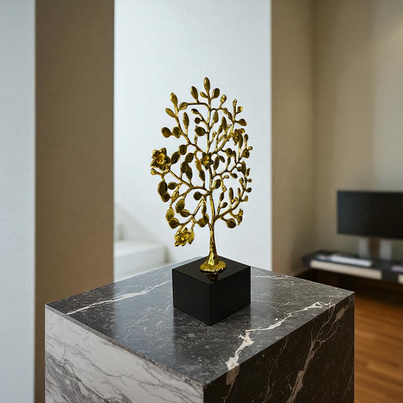 Golden Metallic Leaf Sculpture on Black Base