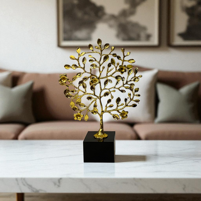 Golden Metallic Leaf Sculpture on Black Base