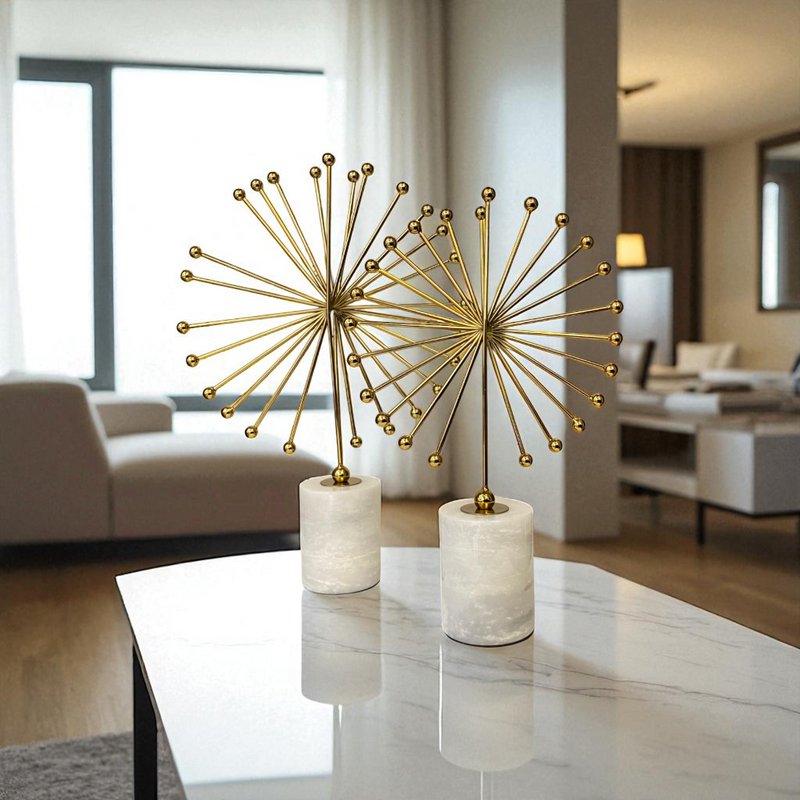 Golden Dandelion Burst Sculptures on Marble Bases