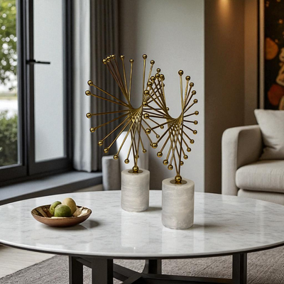 Golden Dandelion Burst Sculptures on Marble Bases
