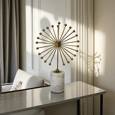 Golden Dandelion Burst Sculptures on Marble Bases