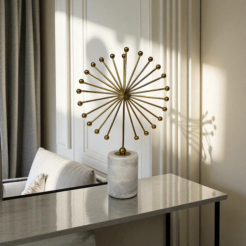 Golden Dandelion Burst Sculptures on Marble Bases