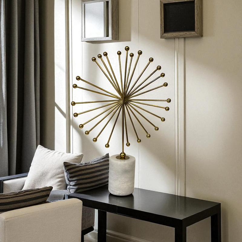 Golden Dandelion Burst Sculptures on Marble Bases