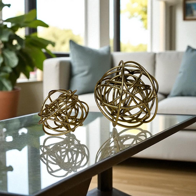Golden Abstract Wire Orb Sculptures