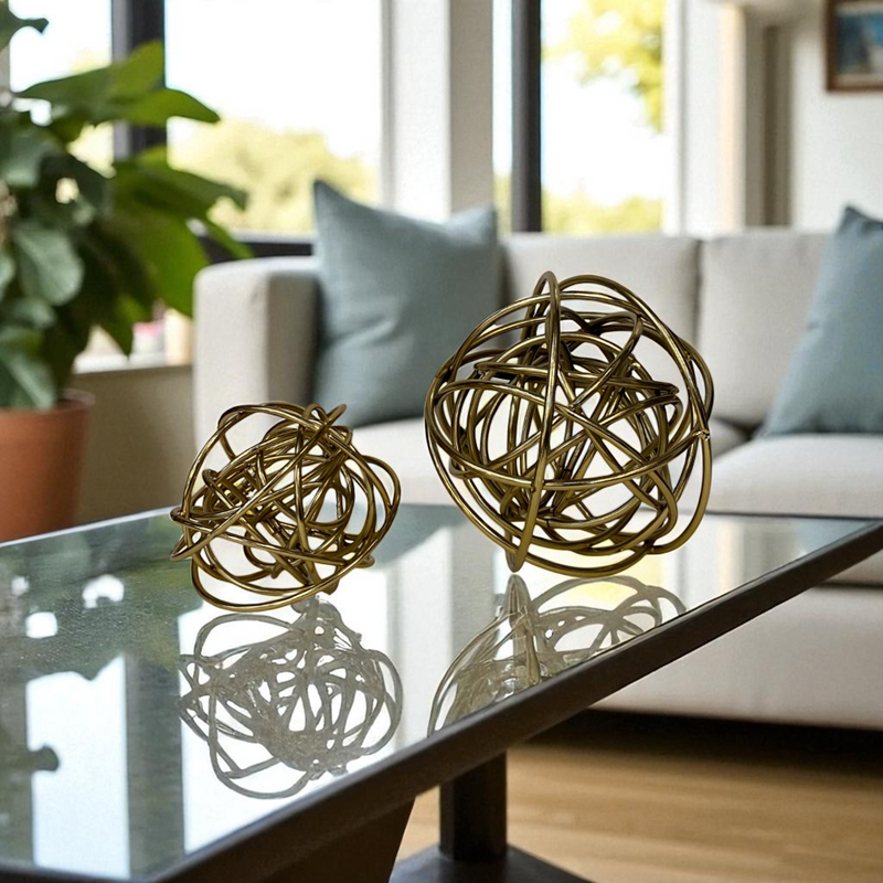 Golden Abstract Wire Orb Sculptures