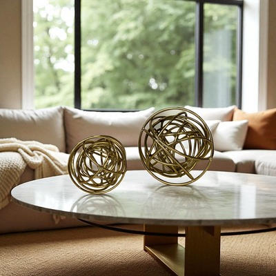 Golden Abstract Wire Orb Sculptures