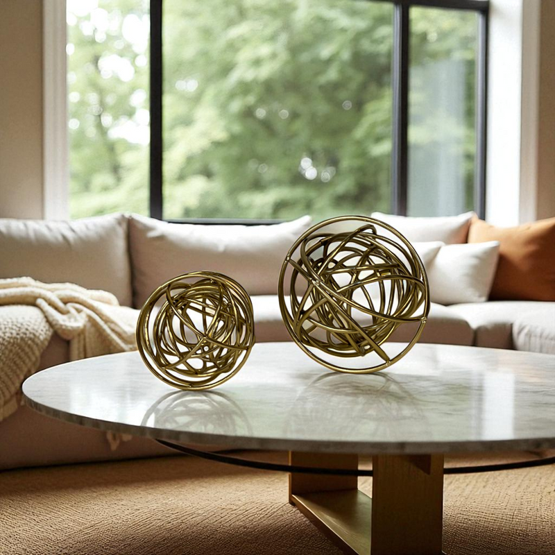 Golden Abstract Wire Orb Sculptures
